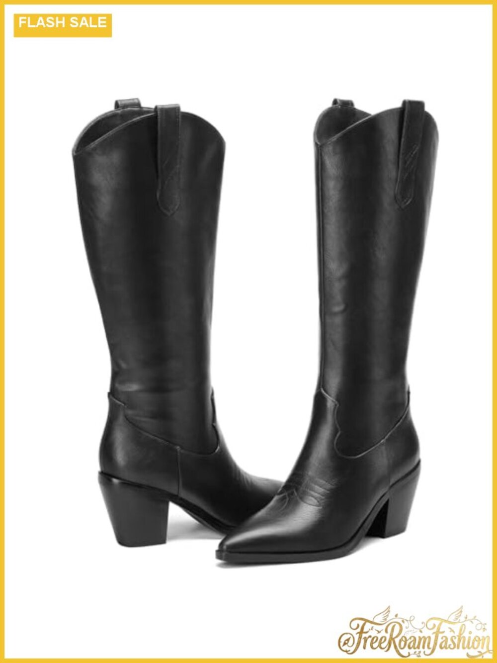 Knee High Cowboy Boots Women Chunky Heel PU Leather Western Boots